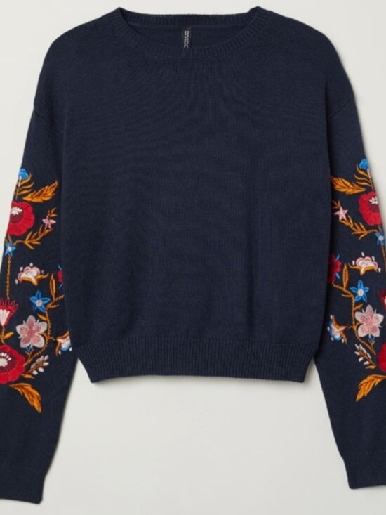 H&M Sweaters - H&M Embroidered Floral Cottagecore Jumper Navy Blue Size Medium